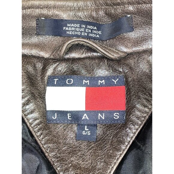 Tommy Hilfiger Mens Racing Motorcycle Leather Jacket Brown Quilted Lined Sz L - Picture 10 of 12